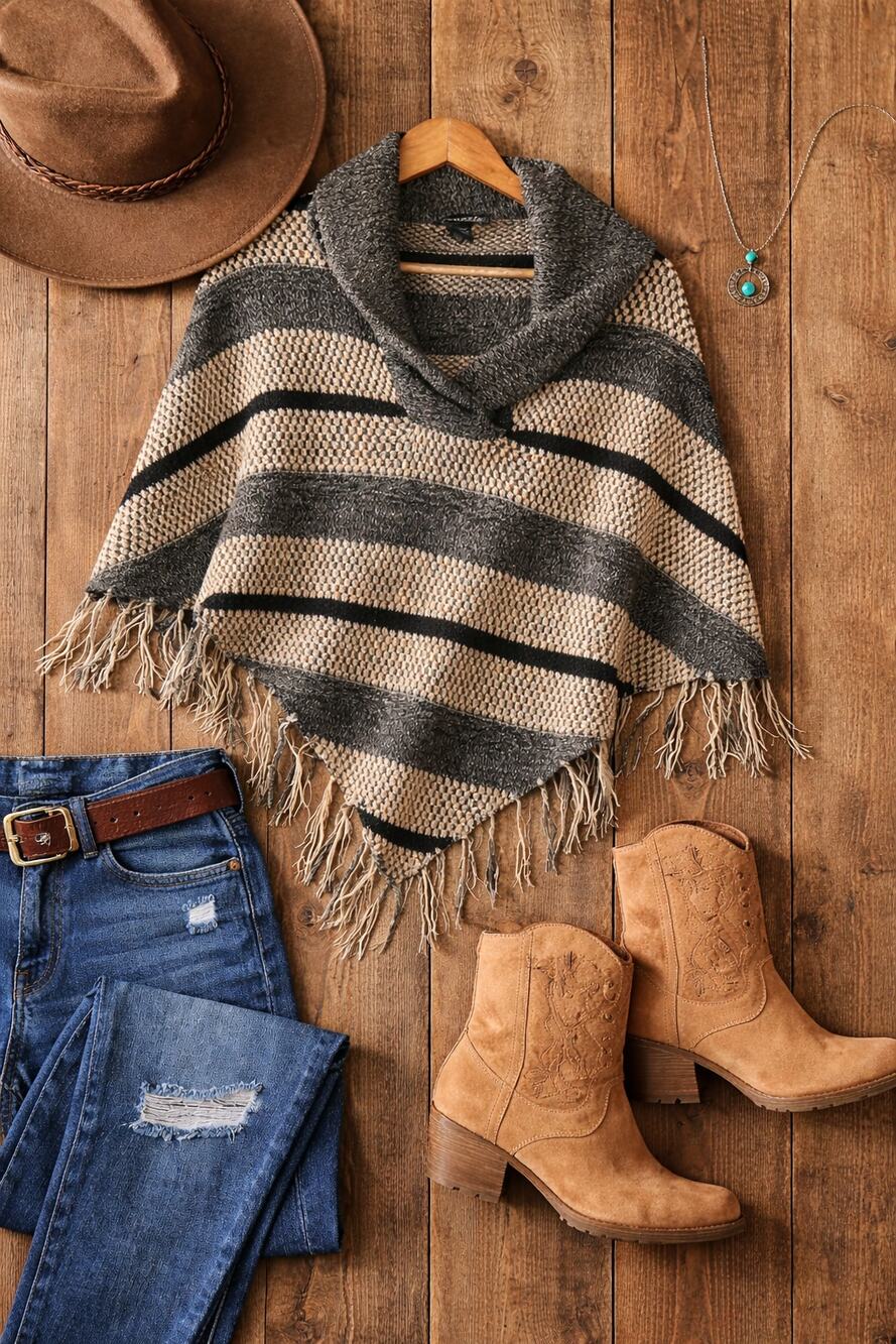 Western Boho Southwestern Fringe Poncho Sweater One Size Tan Gray Aztec Festival
